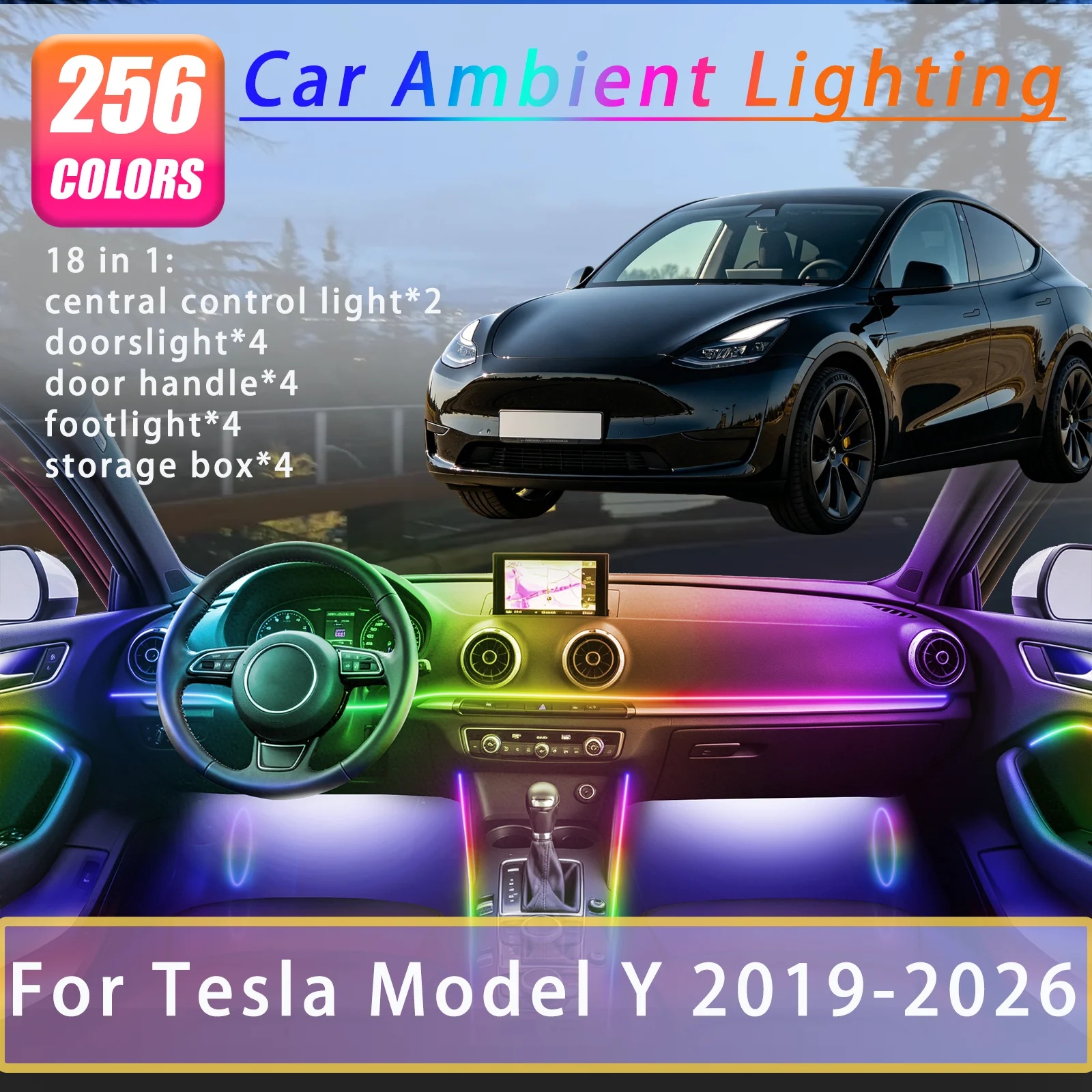 For Tesla Model Y 2019-2026 Years Car Interior Ambient Lights Strips Breathing Lighting Kit App Control Auto Decorative Lamp