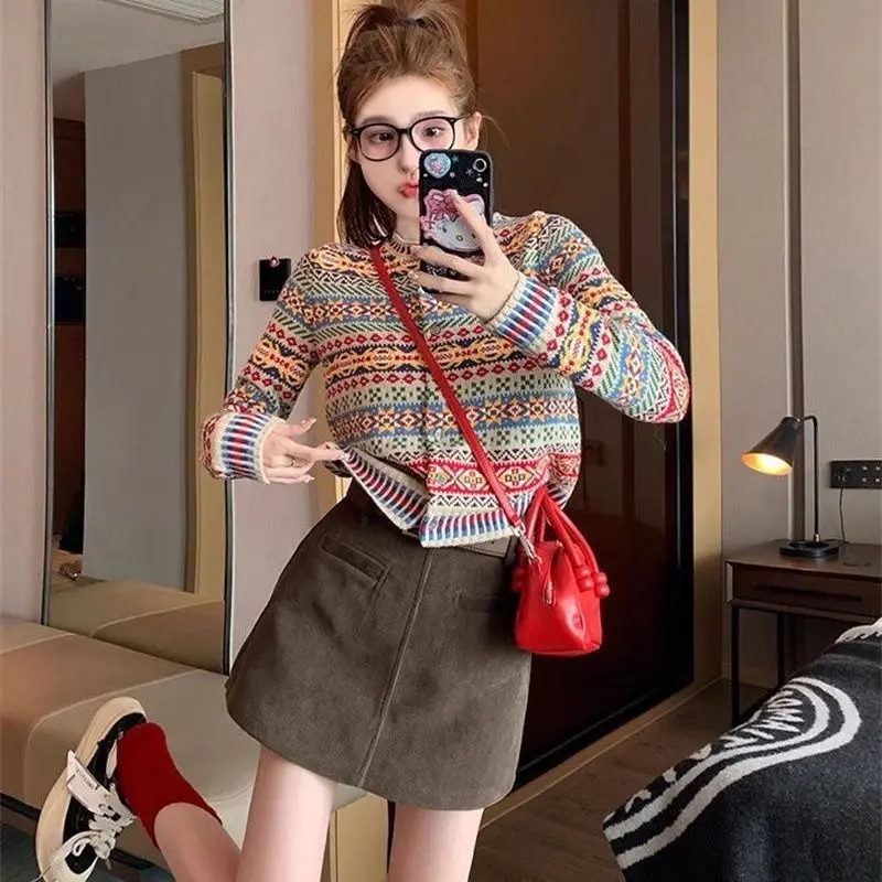 Women's Clothing Buttons Multicolor O-neck Long Sleeve Cardigan Elegant Trend Close to the People Wild Popularity Elegant Youth