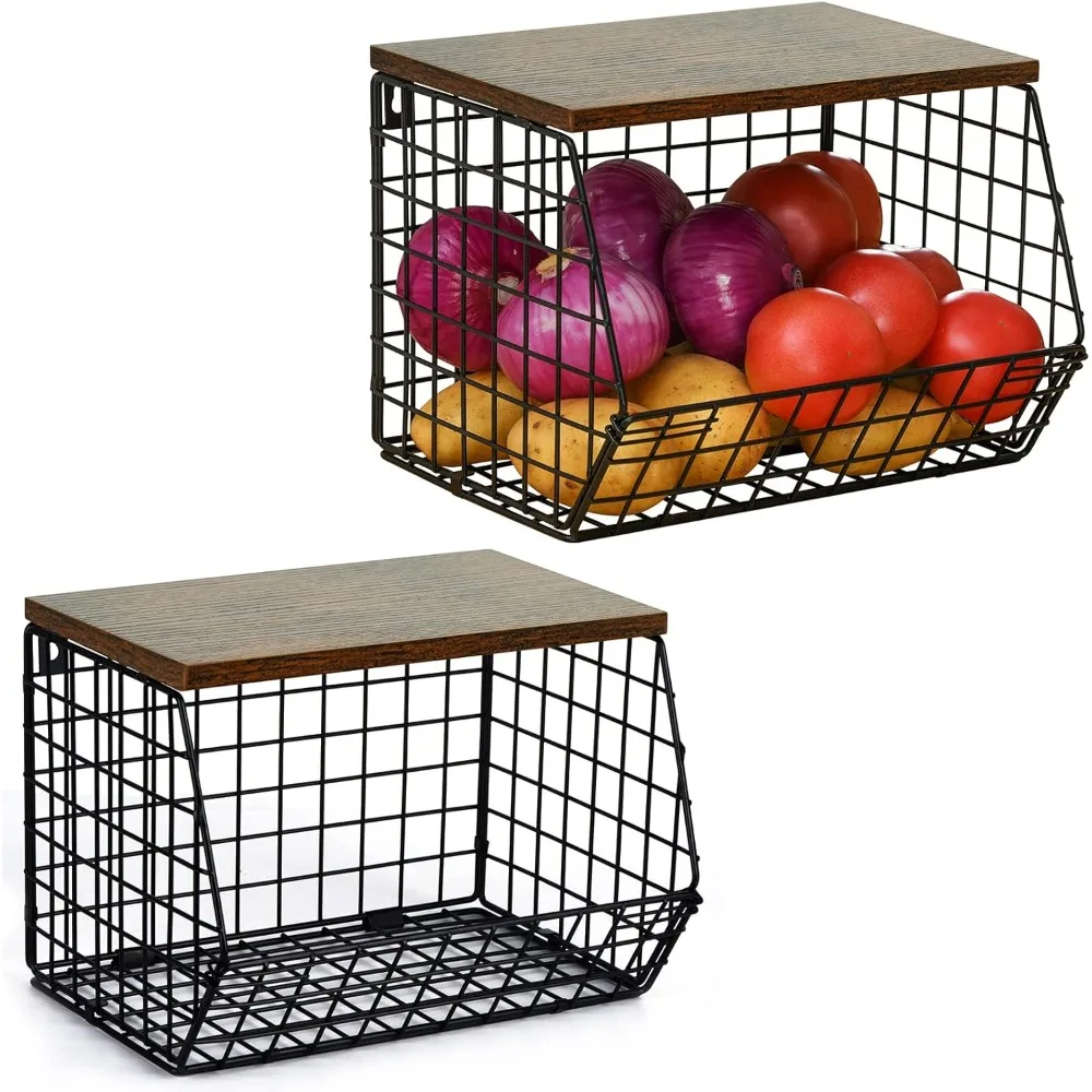 

2pcs Fruit Basket Onion Storage Wire Basket with Wood Top- Wall Mounted & Stackable Kitchen Counter Organizer,Cabinet Organizer