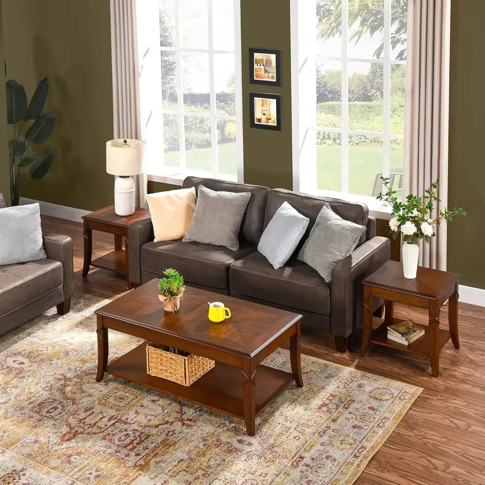 

3-Piece Solid Wood Coffee Table Set with 2 Square End Tables, Cherry Walnut Finish Living Room Furniture
