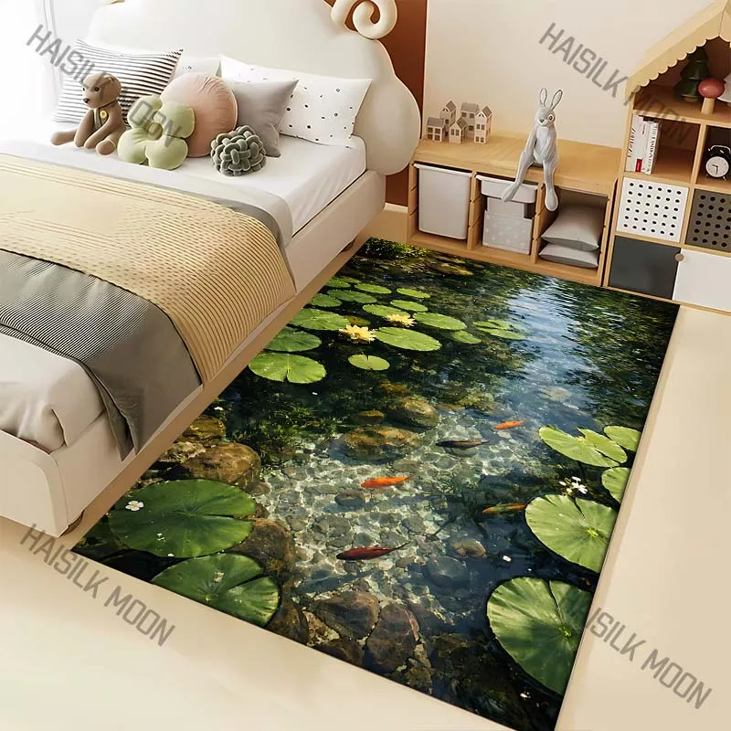 1PC Koi in clear lily pond Print Carpet for Living Room Bedroom Sofa Home Decor Rus Non-slip Floor Mat Luxury Gift