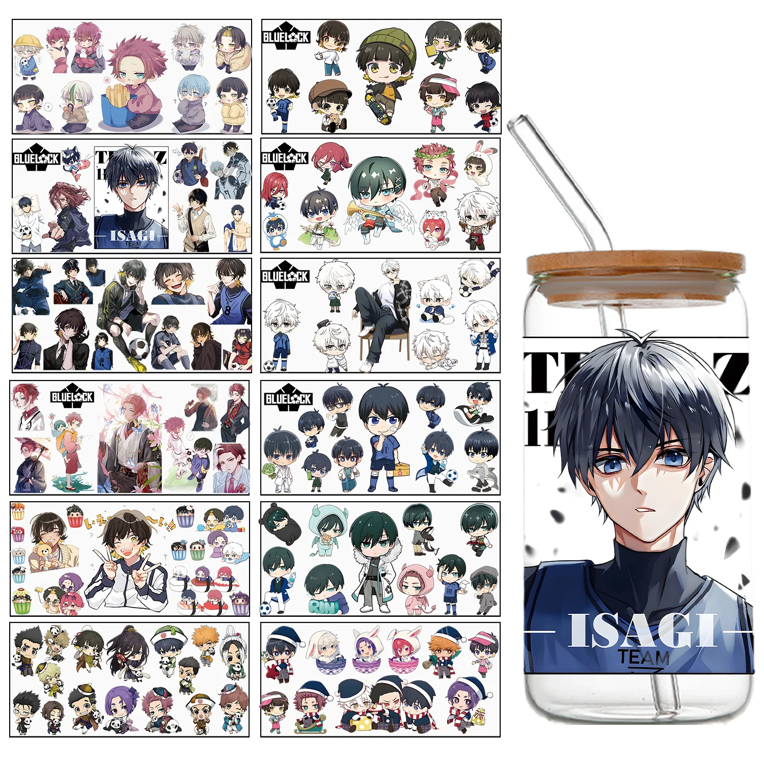 Azul bloqueio uv dtf transferência adesivos bachira meguru rensuke kunigami hyoma jingo rachi16oz copos decalque embrulho garrafa de vidro uvdtf