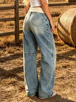 【HME】Jeans | American Vintage Relaxed Style Women Denim Pants, Ribbed Waist Wide Leg Floor-Length Jeans, Curved Stitching Adds Structural Layers, Light Blue Distressed Wash Timeless Look, Loose Fit For All Leg Types, For Shopping Trips Daily Scenes 3