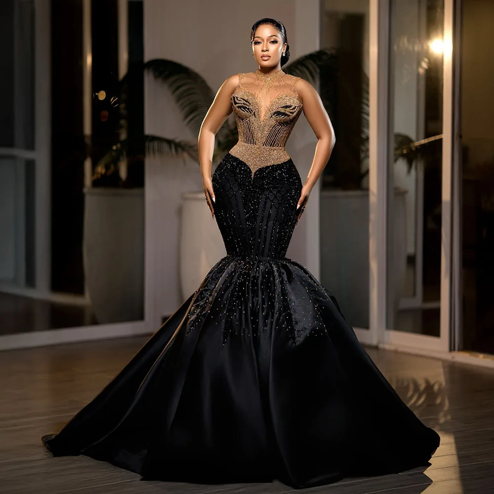 Major Beading Black Evening Dresses For Women Sheer Neck Prom Gowns African Aso Ebi Party Dress Vestidos De Novia Customized