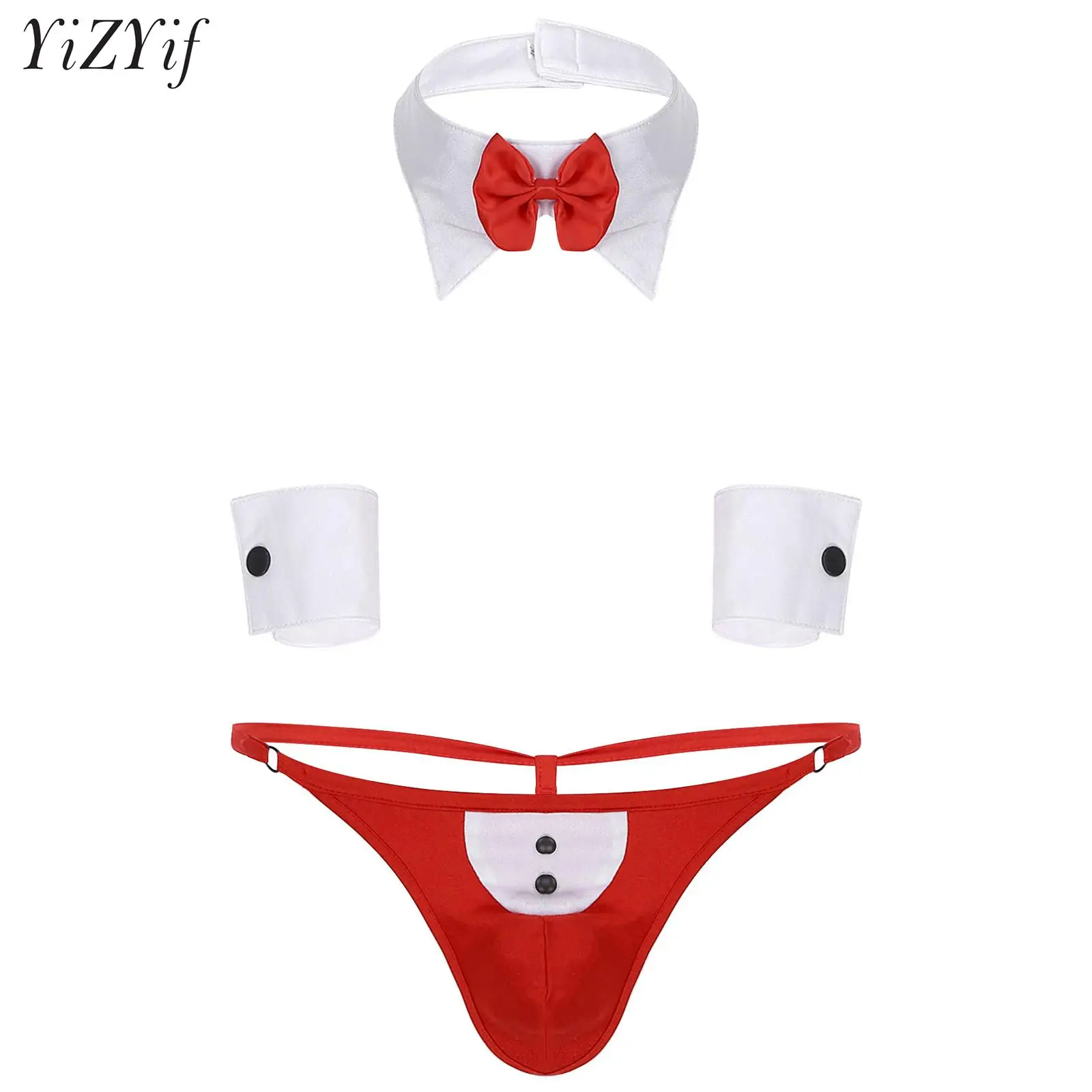 

Men's Sexy Party Waiter Gentleman Cosplay Costume Bow Tie Wristbands Thong 4 Piece Underwear Outfits Nightclub Rave Clubwear