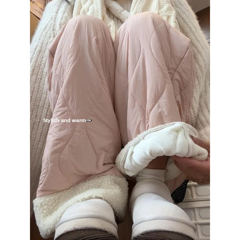 

Pink Fleece Lined Cotton Pants Women's Casual Wide Leg Pants Autumn Winter New Style High Waist Long Pants Polyester Fiber