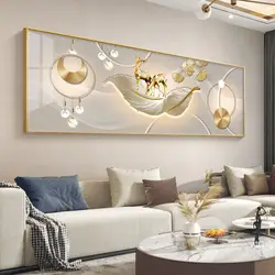 Chinese Style Golden Leaves Deer Canvas Painting Feathers Wall Art Feng Shui Mountain Posters and Prints Living Room No Frame