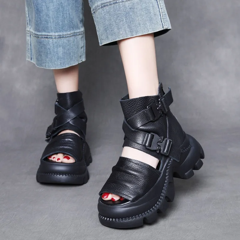 Birkuir Open Toe Platform Sandals For Women High Top Buckle Beach Sandals Lightweight Genuine Leather 6.5cm Thick Heel Slides