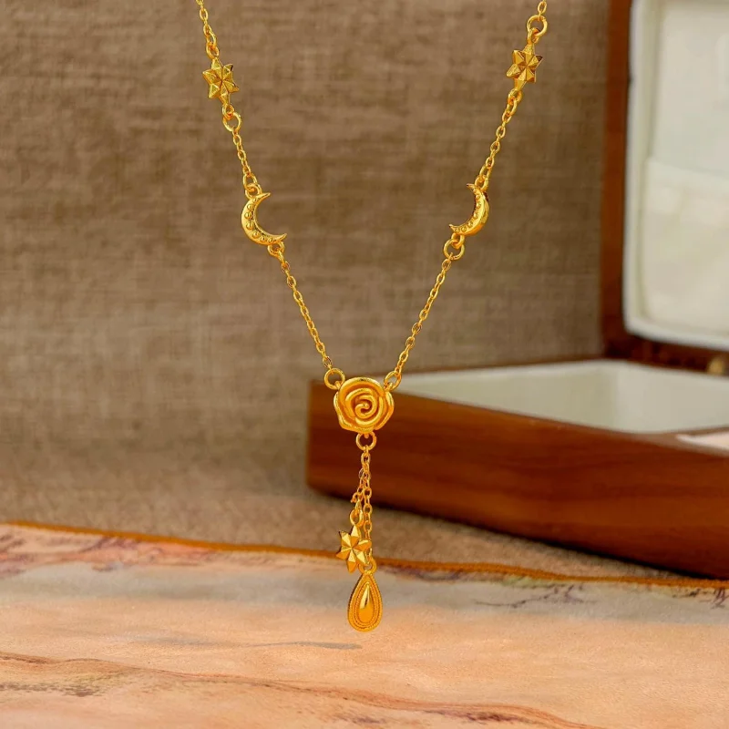 Luxury 100% Real 24K 999 Gold Star Moon Rose Pendant Necklace, Fashion New Style Temperament Versatile Choker For Women