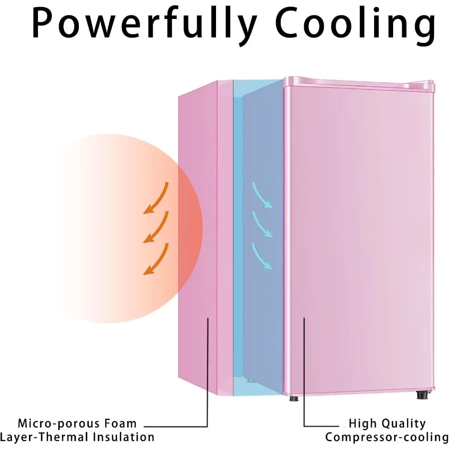 Compact Mini Fridge with Freezer for Dorm Office Bedroom 3.1 Cu.Ft Pink Single Door Refrigerator with LED Light Adjustable Ther