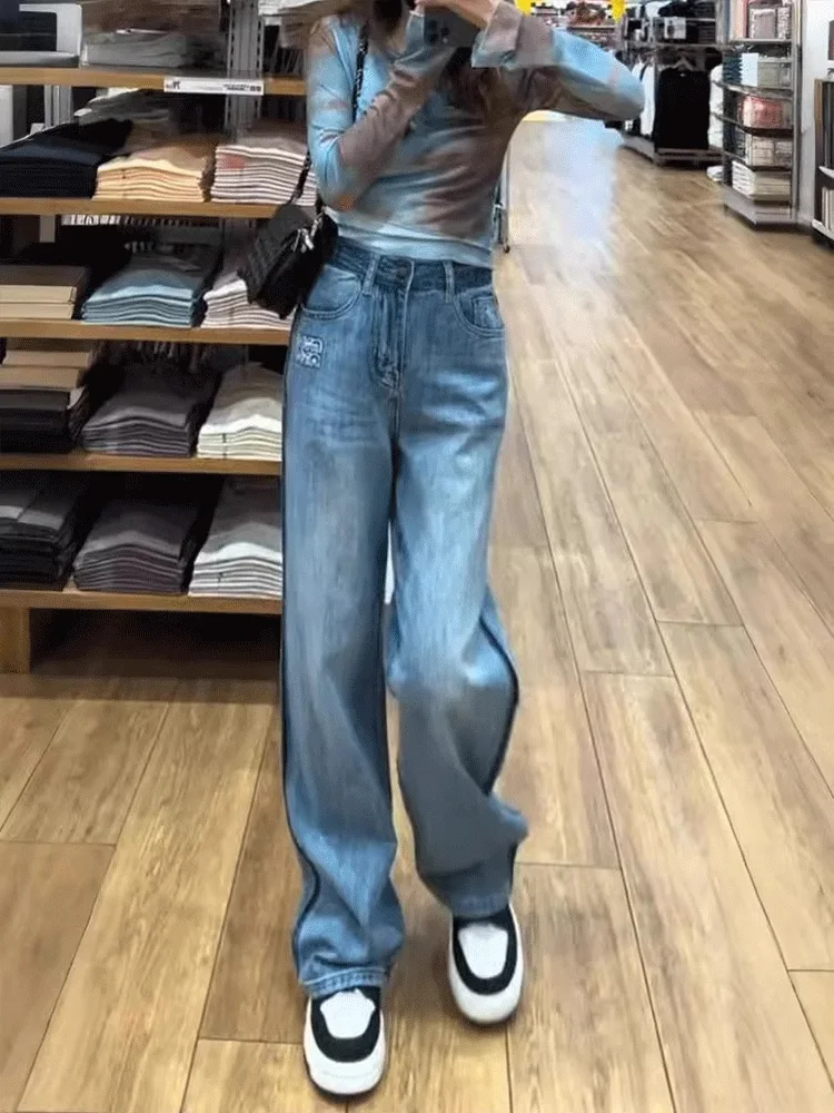 Retro Blue Denim Jeans Women's Spring New Small Size Straight Leg Pants Large Size Fat MM Loose Slimming Drill Wide Leg Pants