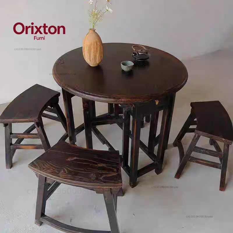 Old elm retro folding round stool combination small round table teahouse small tea  dining table creative tea