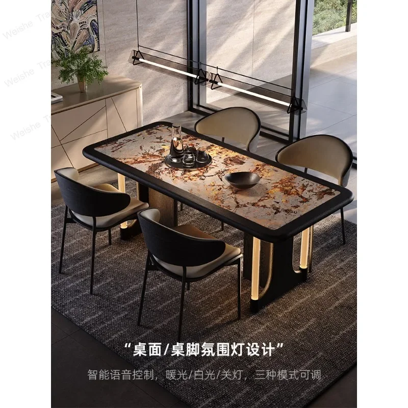 Solid wood photoelectric pure natural luxury stone dining table modern simple atmosphere light luminous advanced marble dining