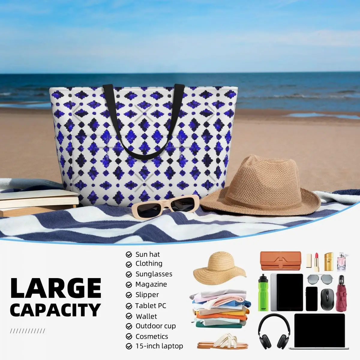 Borsa da viaggio da spiaggia araba tradizionale marocchina blu reale, borsa a tracolla per adulti con personalità borsa a tracolla Multi-stile