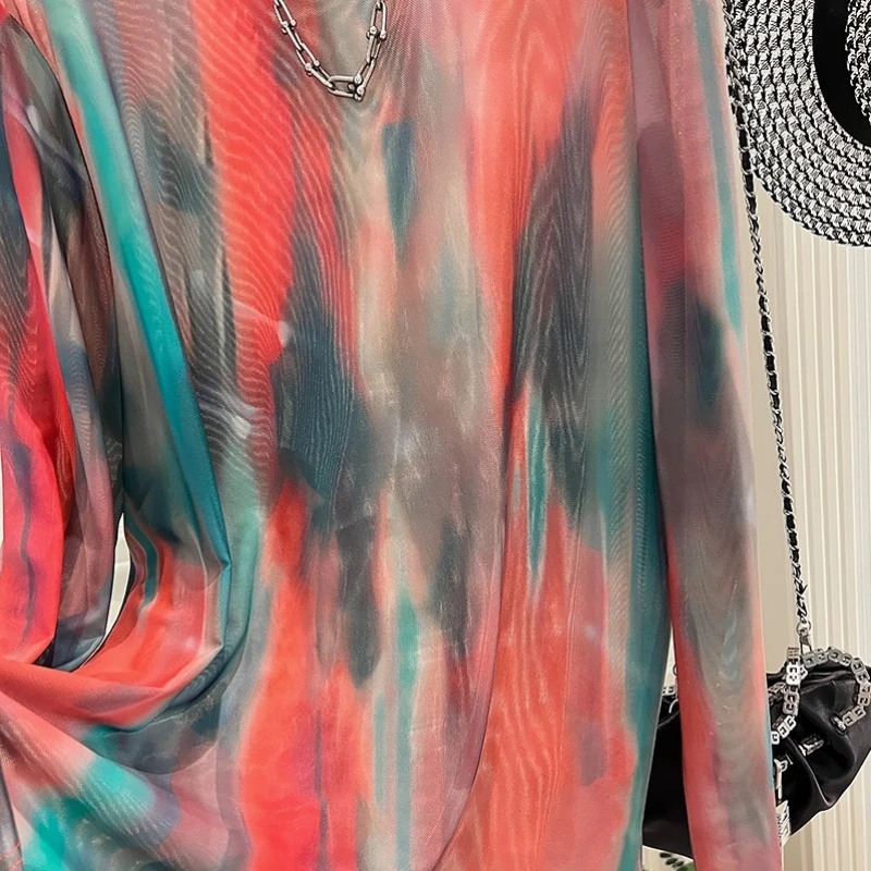 2024 Summer Minimalist Commute Tie Dye Printed Round Neck Camouflage Loose All-match Breathable Gauze Long Sleeve T-shirts Tops