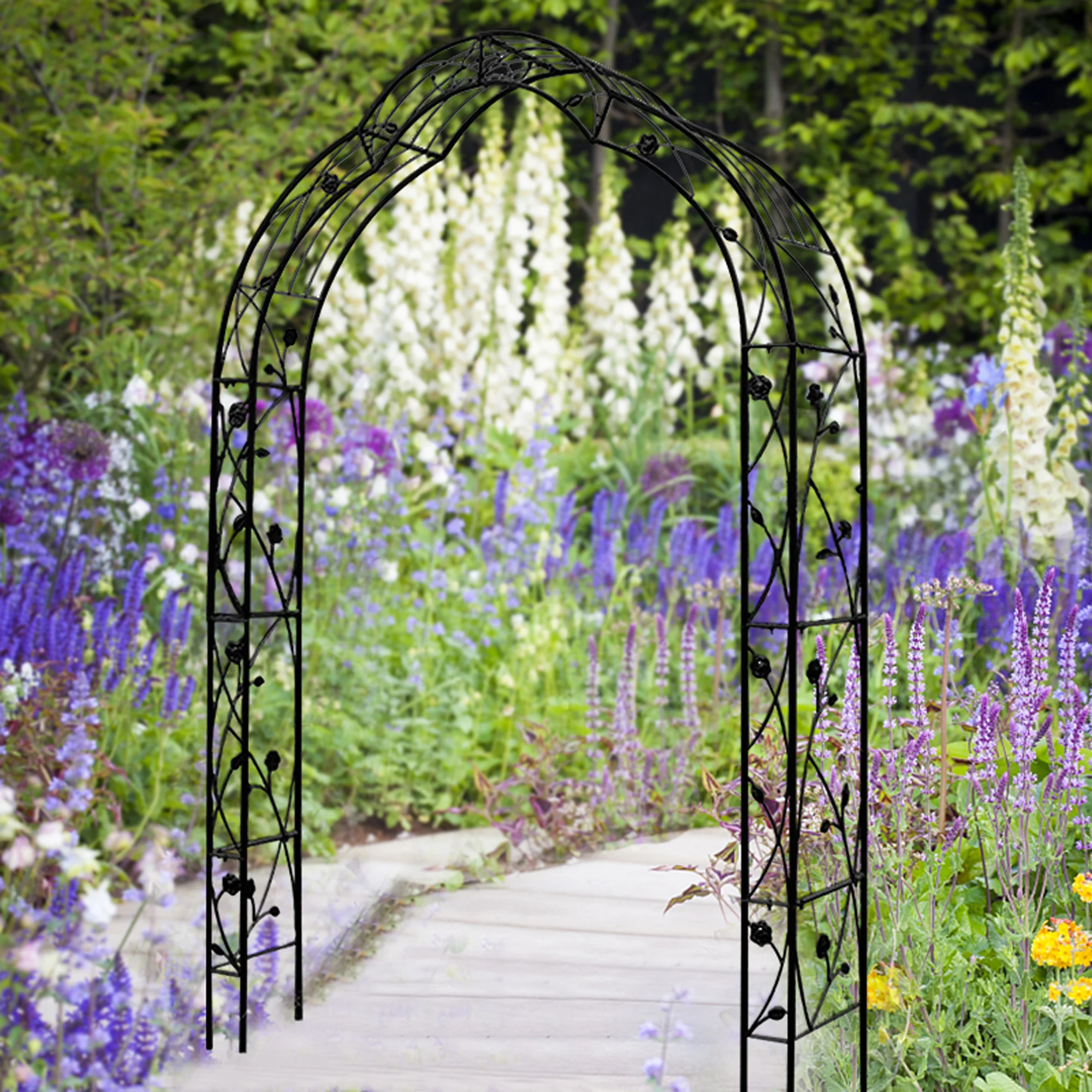 Black Metal Garden Arch for Climbing Plants Support Easy Assembly Iron Rose Arch with Powder Coating for Backyard Application
