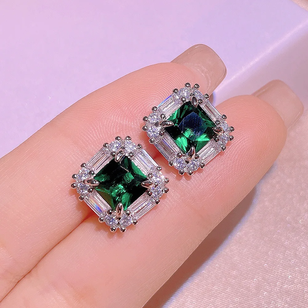 High Quality Emerald Square Set 925 Stamps Luxury Full Diamond Pendant Opening Ring Fashion Jewelry Party Wedding Gift