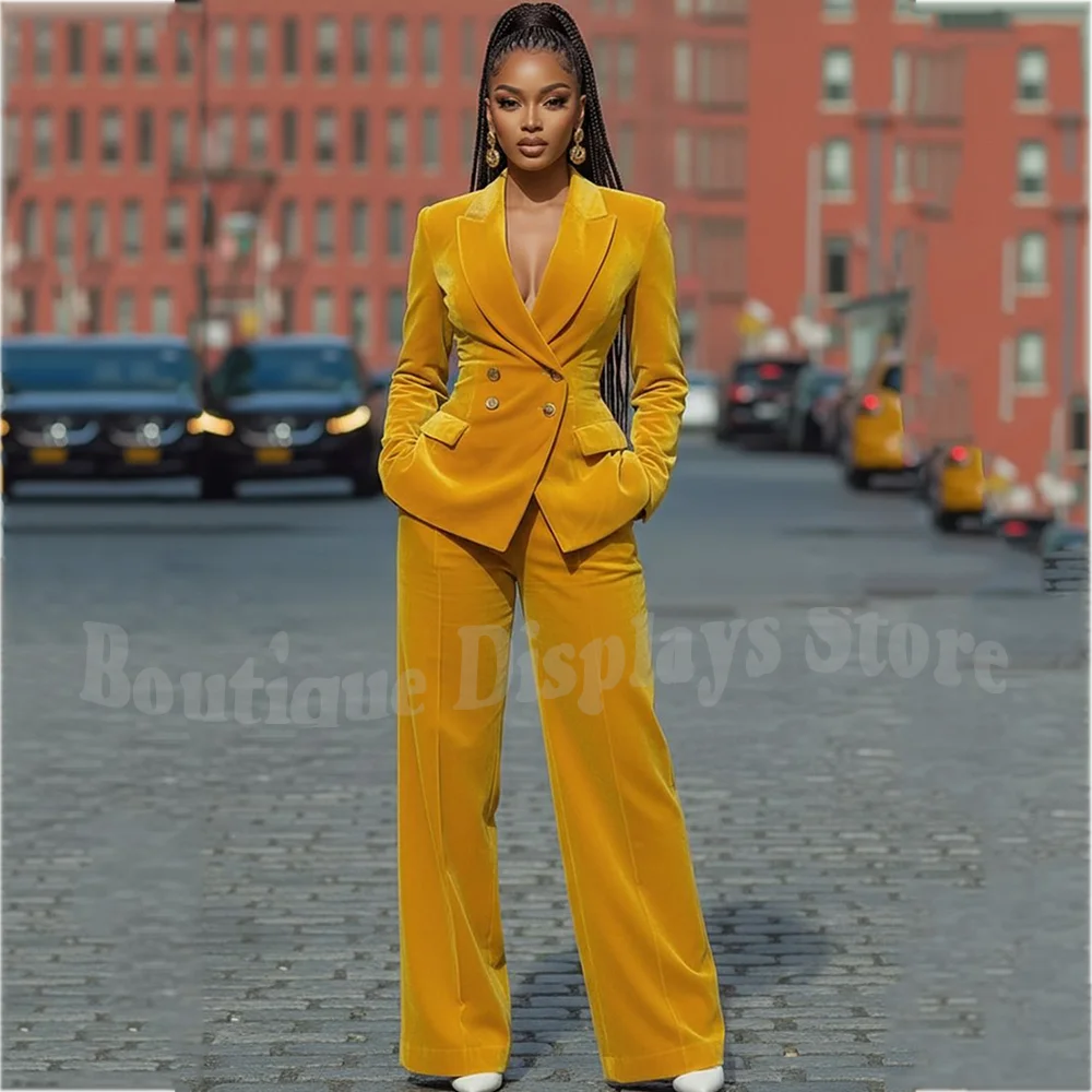 

Gold Velvet Women Pants Suit Stylish Peaked Lapel Double Breasted Outfit Set Two Pieces Tailor Straight Office Lady Daily Wear