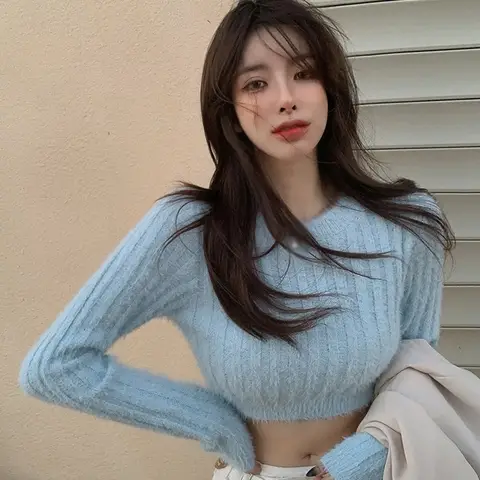 여성용 크롭 탑 스웨터 라운드 넥 퍼지 스웨터 풀오버 슬림 니트 스웨터 푹신한 긴 소매 스웨터 크롭 탑