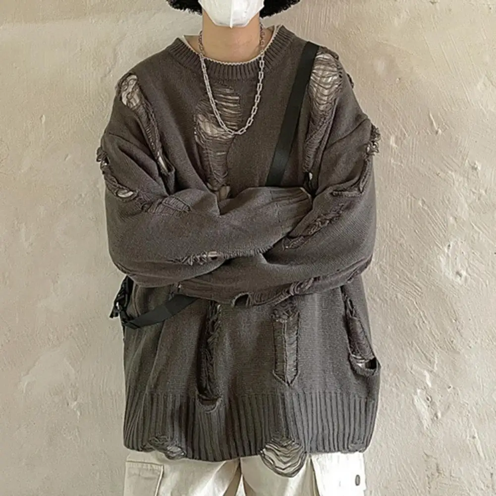 Solid Color Sweater Hop Inspired Ripped Sweater with Hollow Out Design for Men Stylish Two-piece Look with Soft Knitted for Fall