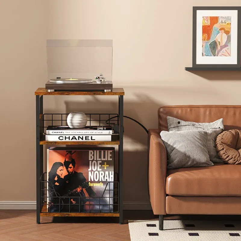Custom Retro Iron & Wood 3-Tier Coffee Table with Socket, Multifunctional Record Amplifier Side Table for Home