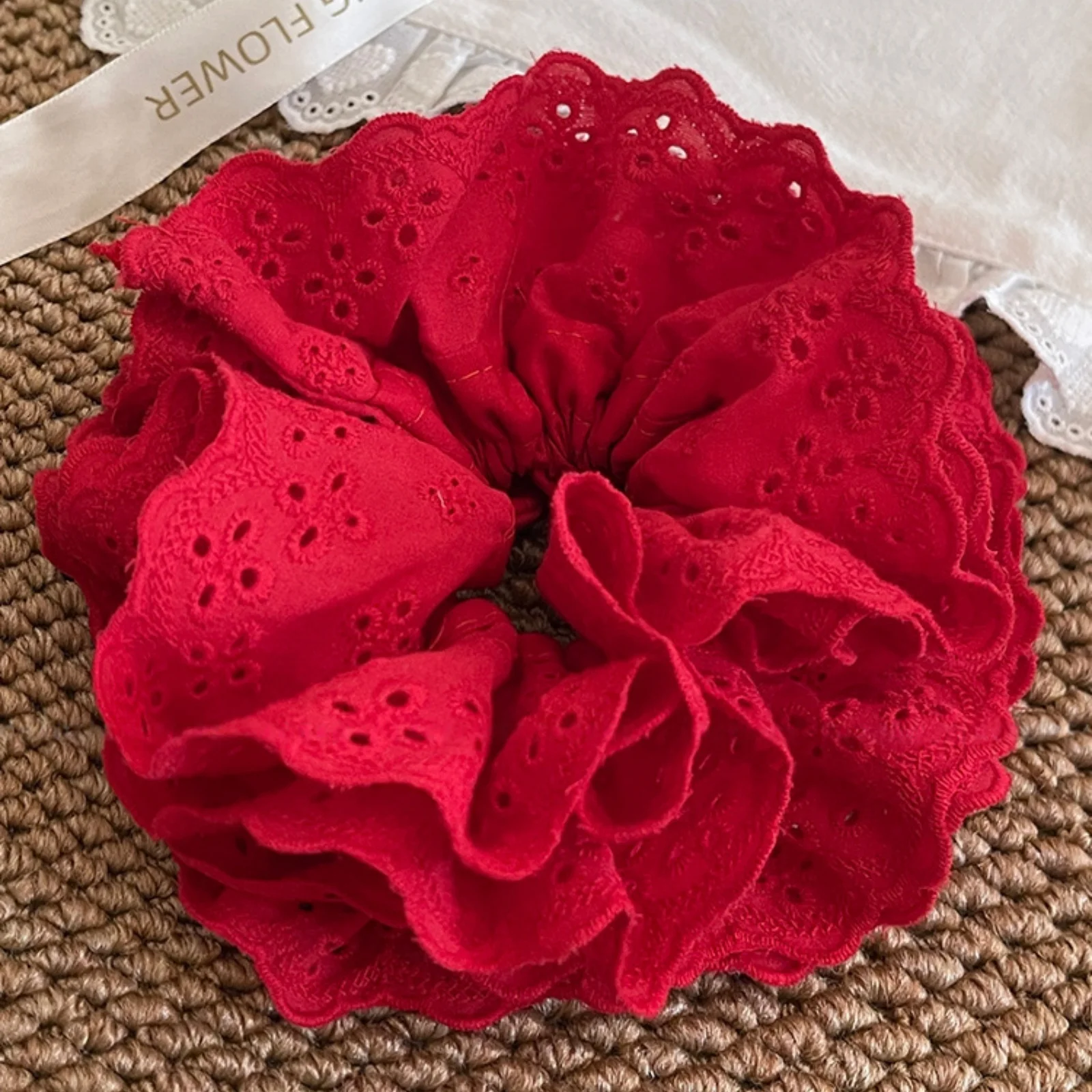 1PC Youthful Vibe Early Summer Lace-Trimmed Hair Scrunchie - Suitable for Top Knots, Elastic Hair Tie, High Stretch & Durable Ha
