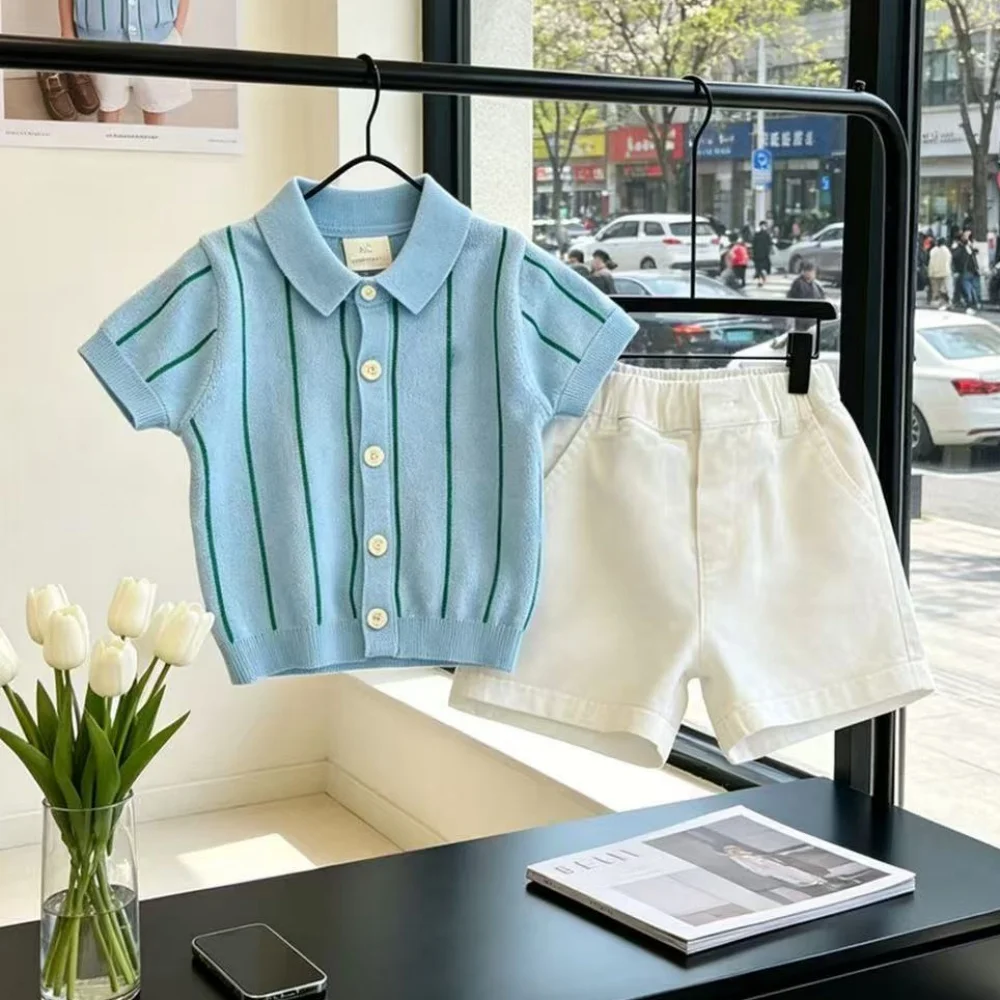 

Boys' Summer Set Fashion New Style Children's Blue Striped Polo Collar Short Sleeve Knitted Shirt+Casual Shorts 2-piece Set