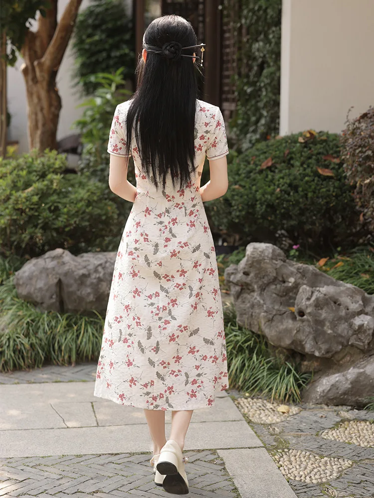 Elegant Summer Chinese Cheongsam Women Aodai Dress Vintage Floral Printed Dress Mandarin Collar Female Qipao