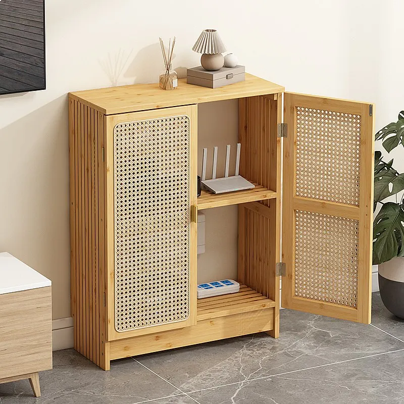 Rattan Woven Floor Router Cabinet Modern Cable Hub WiFi Organizer Double Layer Cord Management