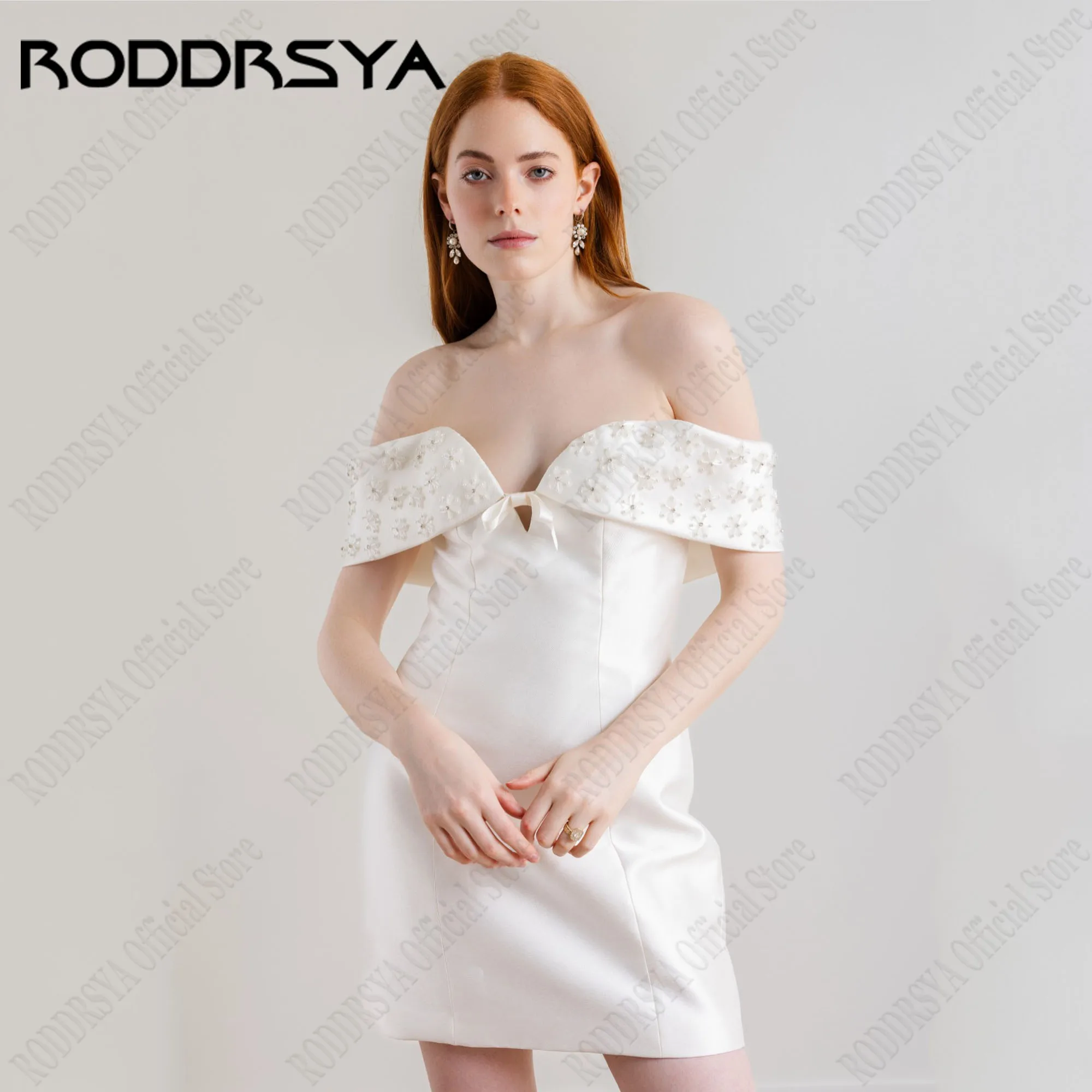 RODDRSYA Short Off Ombro Noiva Vestidos Backless Querida Beading Modern Satin Vestidos De Casamento Sereia Acima Do Joelho Personalizado Vestidos de noiva curtos sem ombros sem costas Coração com brilhantes Vestidos de