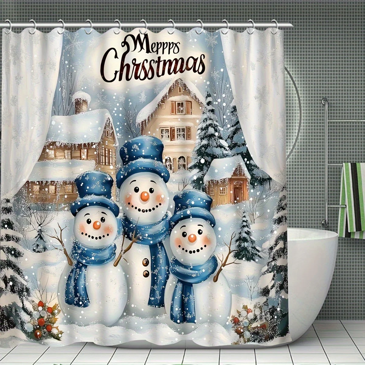 4PCS Winter Snowman Christmas Shower Set – Snowflake Print 12 Hooks Non-Slip Mat Toilet Lid Cover Holiday Bathroom Decor