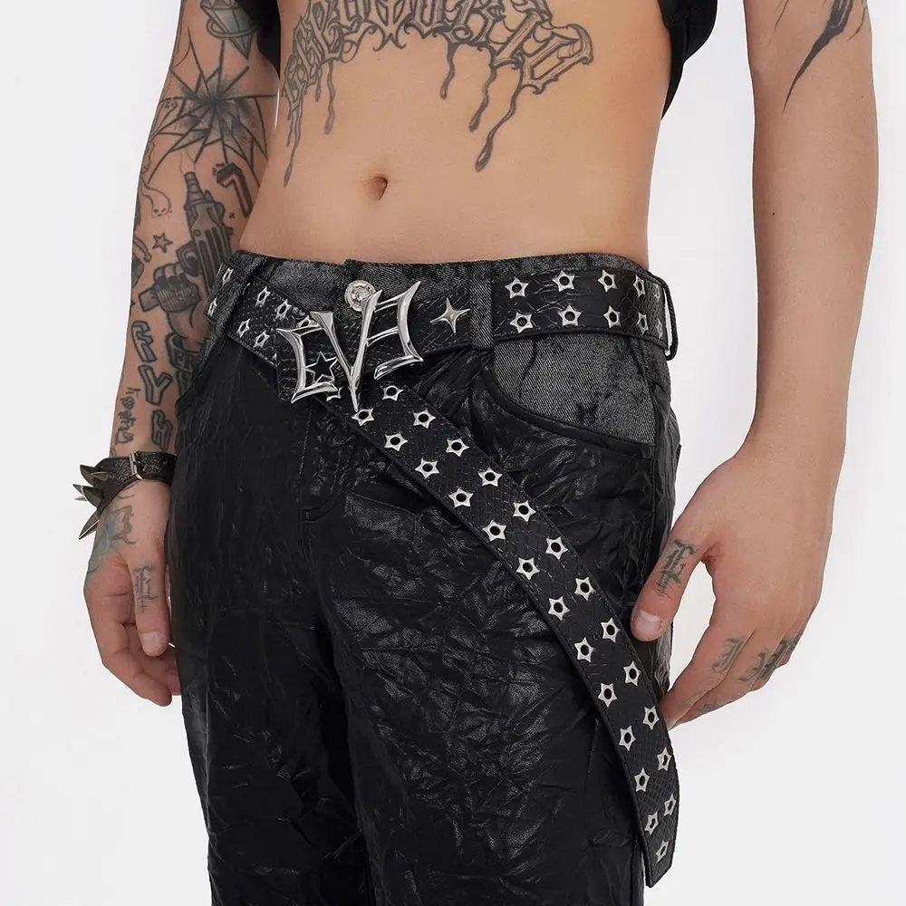 Punk Y2K Goth Black Croc Embossed PU Leather Belt with Star Studs and Geometric Metal Buckle Trendy Jeans Waistband for Women