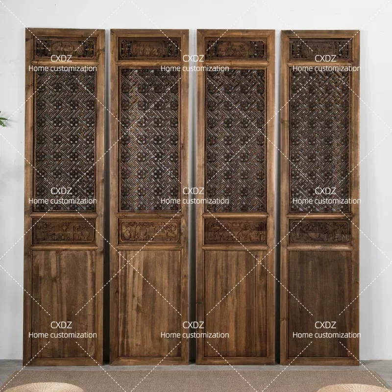 Antique Solid Wood Folding Screen Partition New Chinese Style Hollow Carved Camphor Wood Double Sided Retro Room Divider for