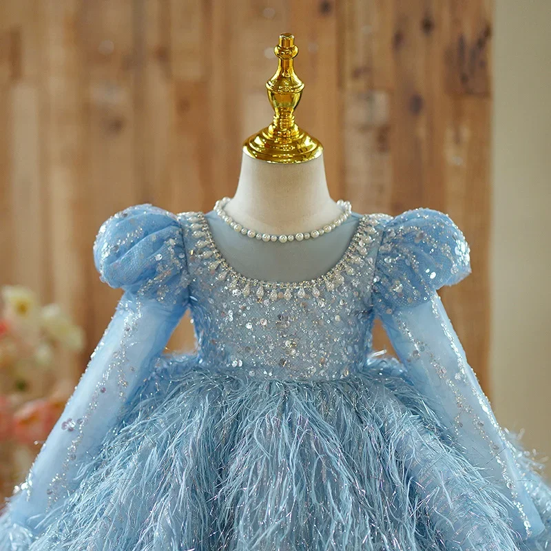 Customized Princess Ball Gown Dress Kids Diamond Backless Flowers Girls Dresses for Weddings Sequin Birthday Party Evening Dress