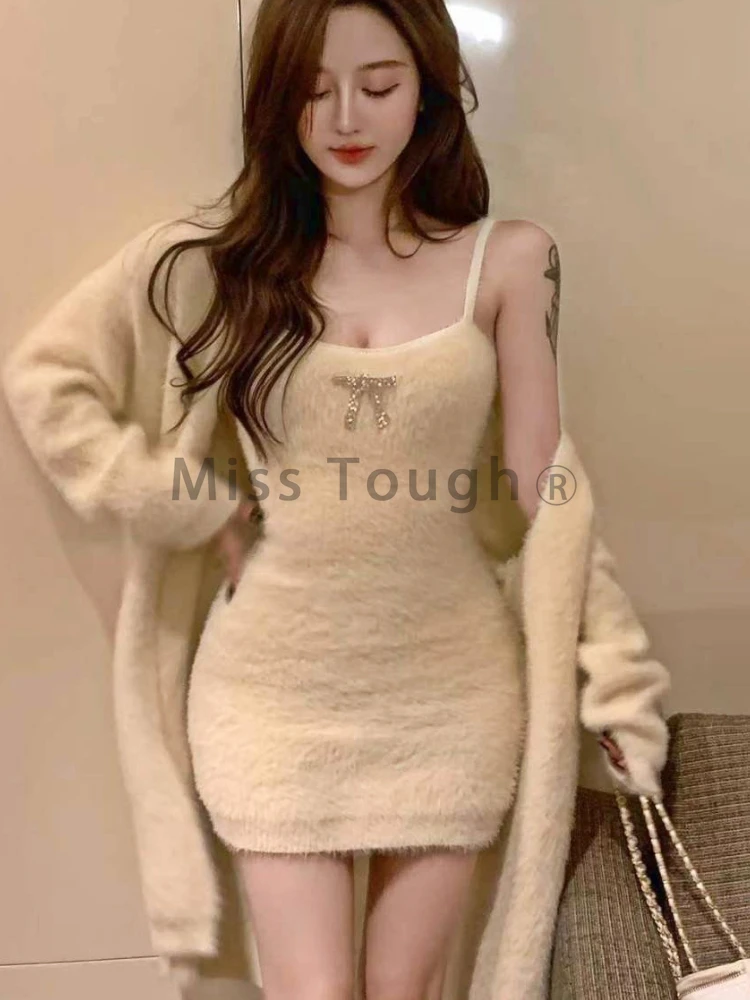 Elegant Knitted Two Piece Set Women Casual Party Dress Set Female Korean Fashion Vintage Sweet Sweater Dress Suit 2023 Autumn