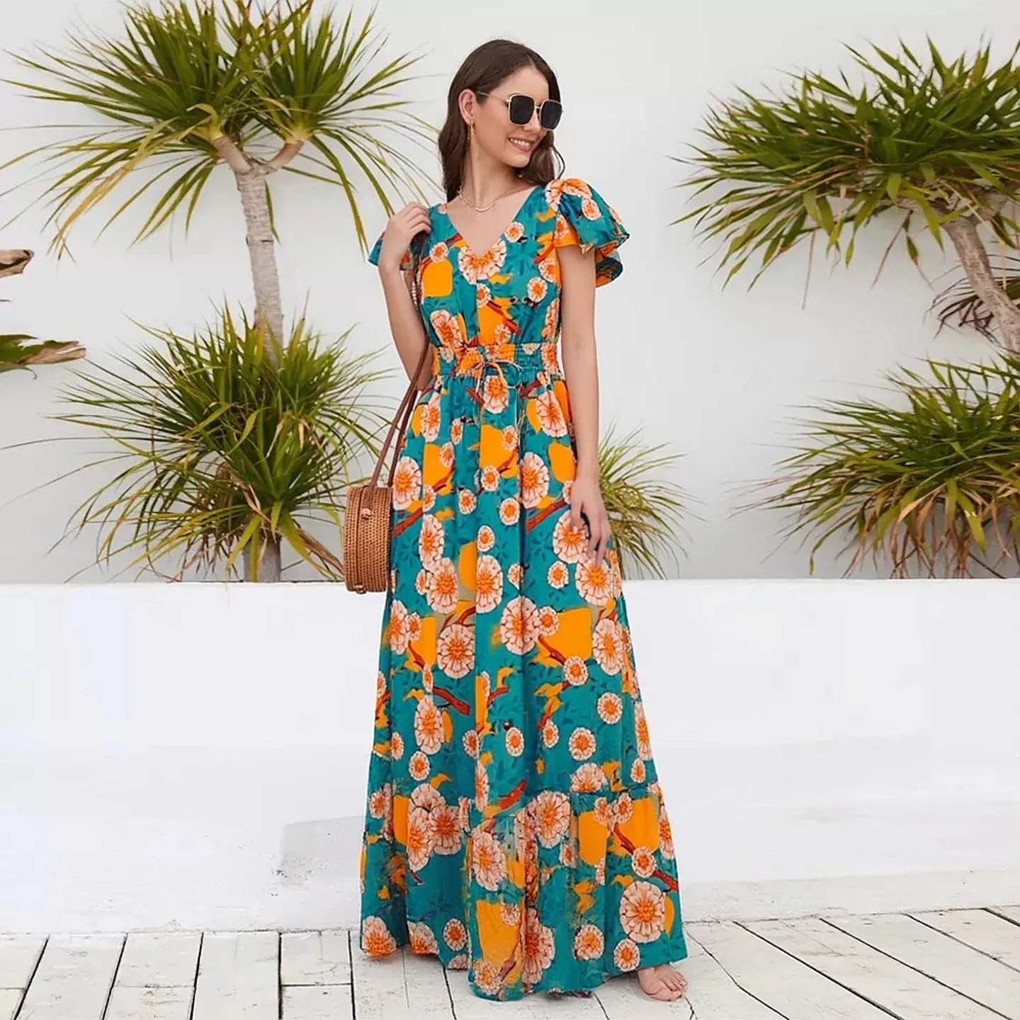 YuooMuoo Romantisches Maxi-Sommerkleid mit Blumendruck, Damenmode, V-Ausschnitt, schmale Taille, Urlaub, Strandkleid, koreanisches Bohemian-Kleid