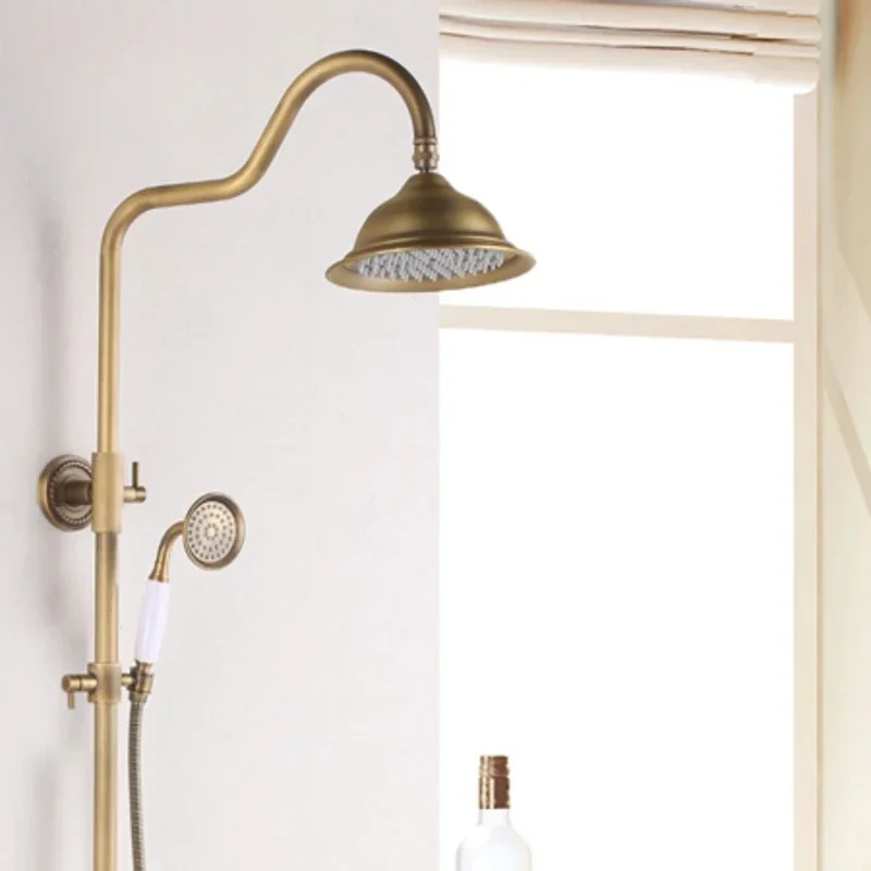 Antique Brass Shower Faucet Set with 8-Inch Rainfall Dual Handle Mixer Tap with Swivel Tub Spout and Shelf Elegant and
