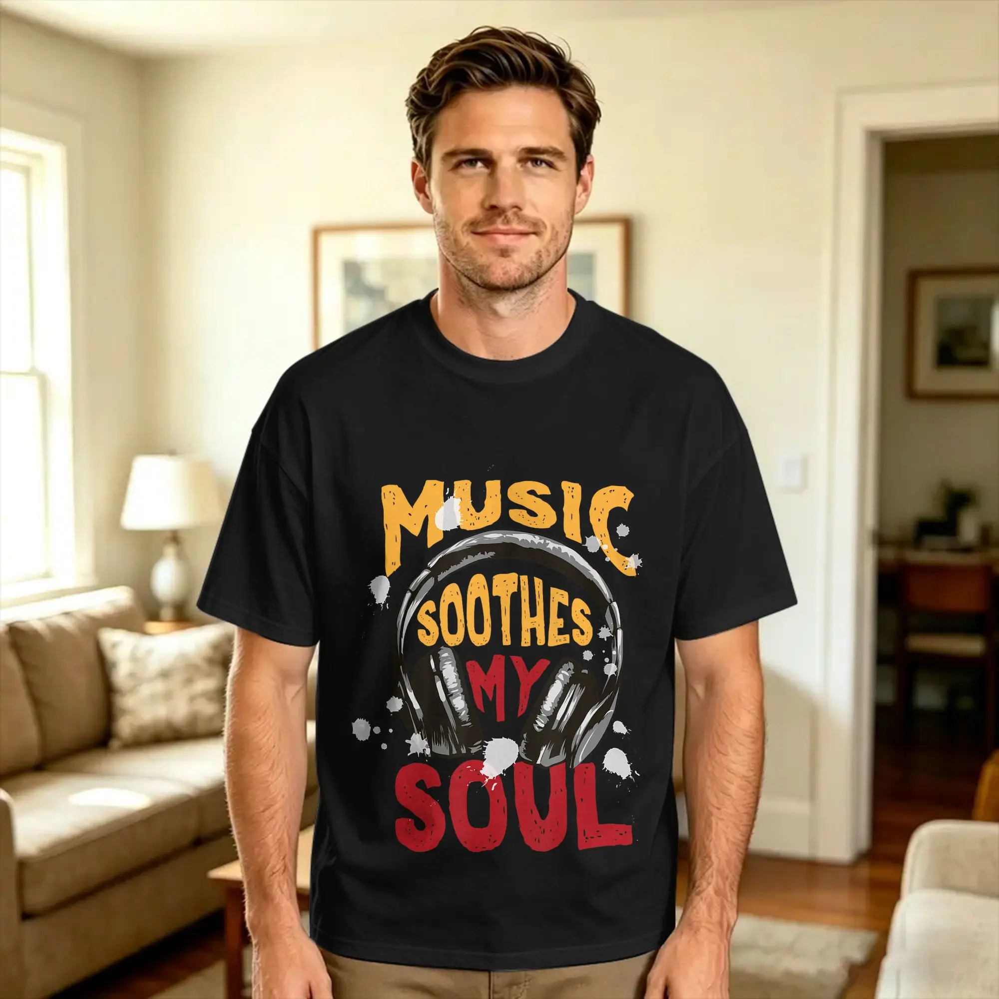 Music SOOTHES Soul Men T Shirt  Novelty Tee Shirt Short Sleeve Crewneck T-Shirts Pure Cotton Plus Size Clothing