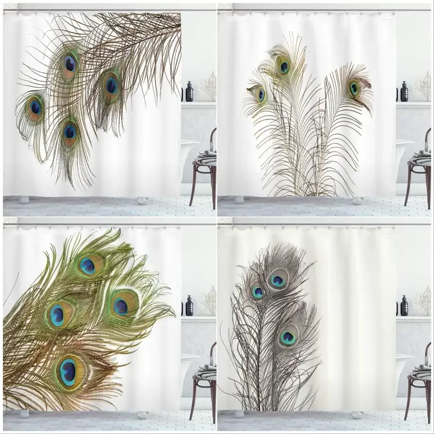 Peacocks Feathers Shower Curtains Bohemian Chinese Birds White Backdrop Wildlife Fabric Bathroom Decor Set with Hooks Taupe Blue