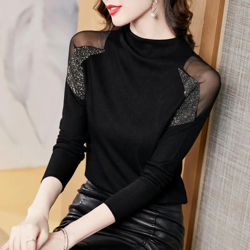 Sexy Gauze Off Shoulder Chic Diamonds T-shirt Stylish Hollow Out Autumn Winter Thick Warm Solid Color Half High Collar Pullovers