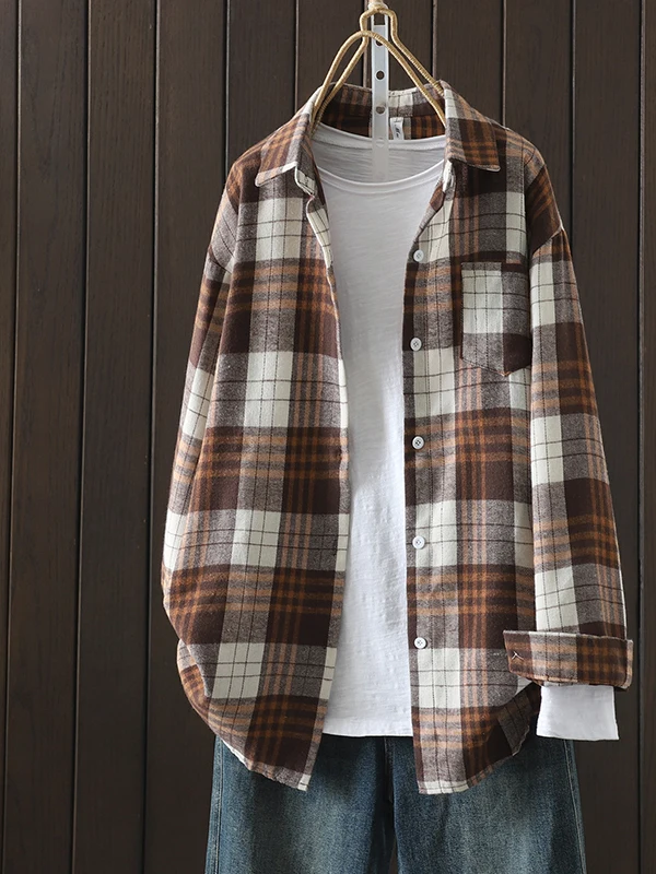 

Женская повседневная свободная верхняя одежда из хлопка и льна в стиле ретро в американском клетку, весенне-осенняя мода