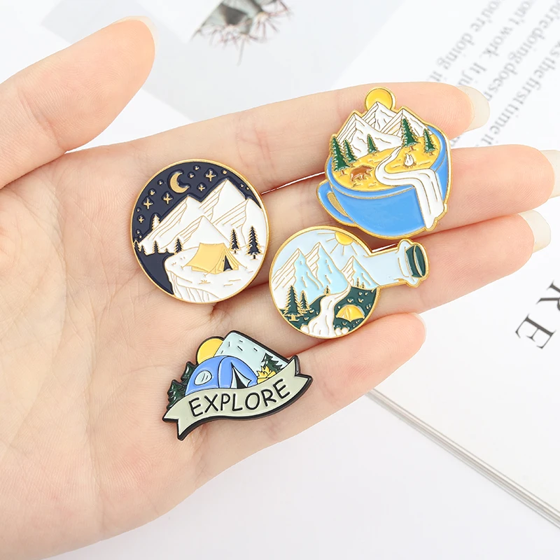 Camping Adventure Enamel Pins Custom Outdoors Explore Natural Scenery Brooch Lapel Badge Bag Cartoon Jewelry Gift for Kid Friend