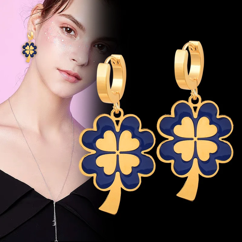 LEEKER 316L Stainless Steel Blue Enamel Flowers Hoop Earrings For Women Gold Color Accessories Fashion Jewelry 918 LK3