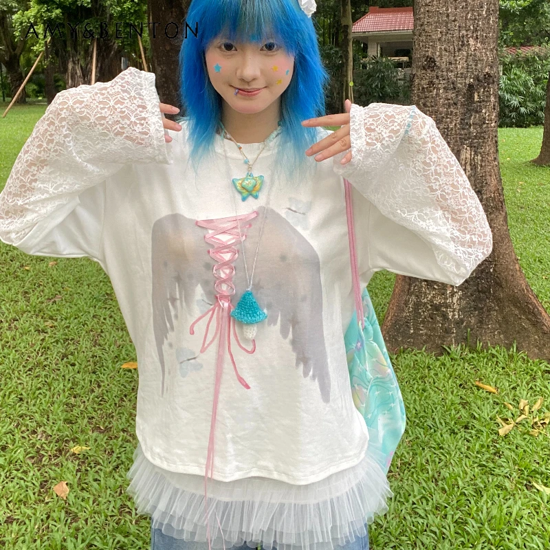 

Original Design White Personality Long Sleeve Women's T-Shirt 2025 Autumn New Casual Loose Cute Lace Splicing T-Shirts Ladies