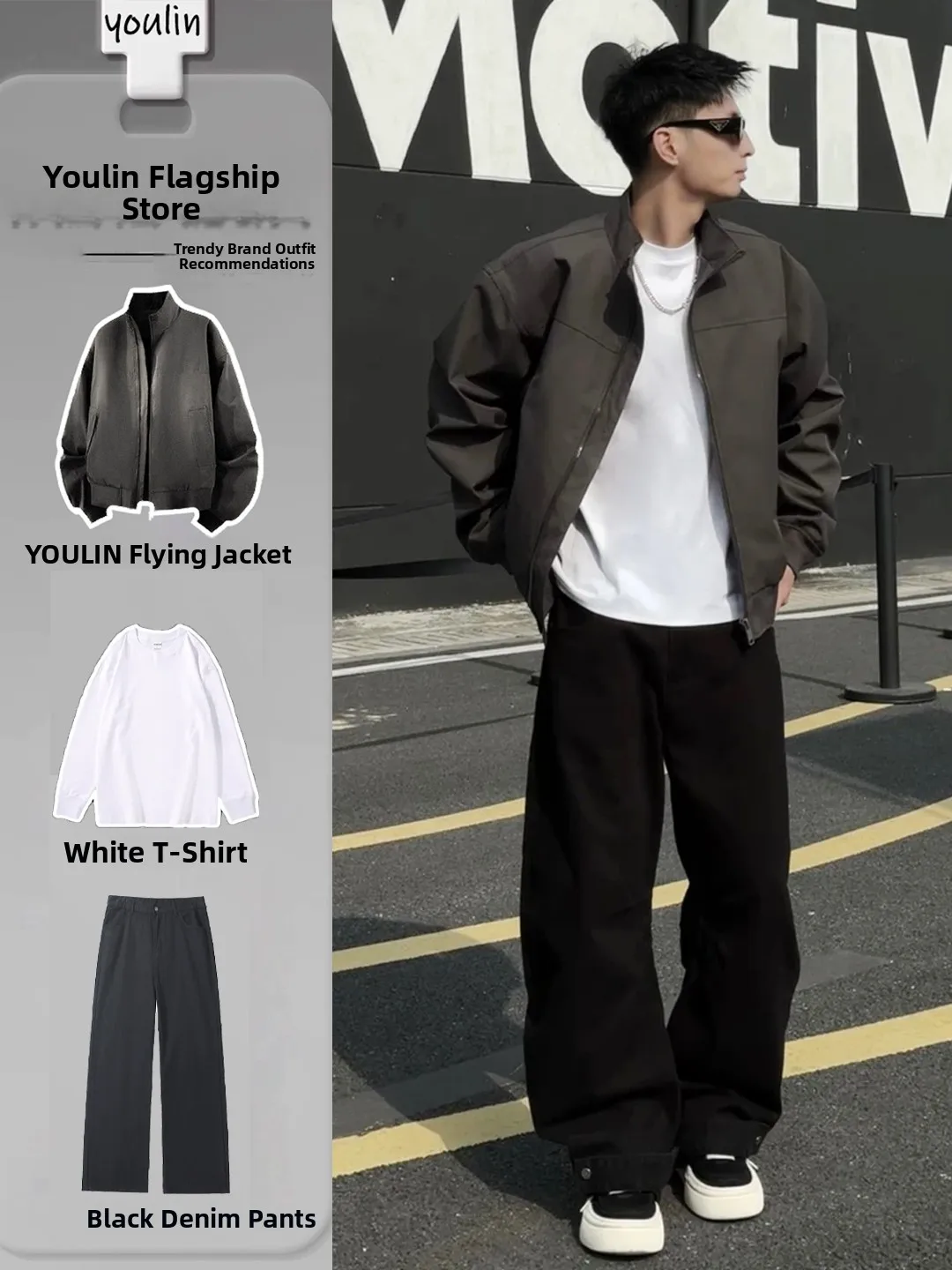 

American Style Pilot Jacket Outerwear Men Early Spring Full Set OOTD Cool Handsome Outfit Short Baseball Uniform Set