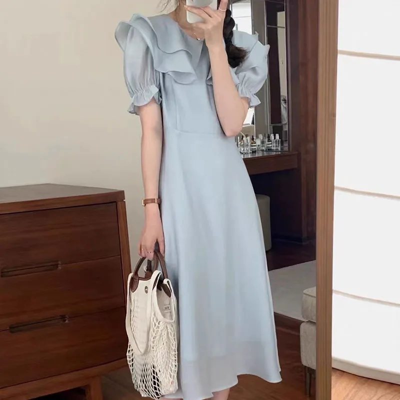 Vestido Longo F de Verão E com Gola Dobrada em Camadas, Cintura Ajustável e Mangas Bufantes em Cor Sólida