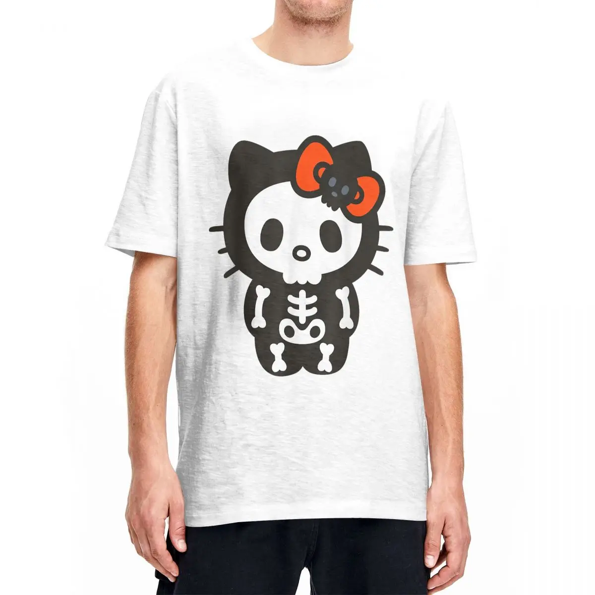 

Men Women T-Shirt Hello Kitty Skeleton Halloween Vintage 100% Cotton Tees Short Sleeve T Shirt Clothing Birthday Present