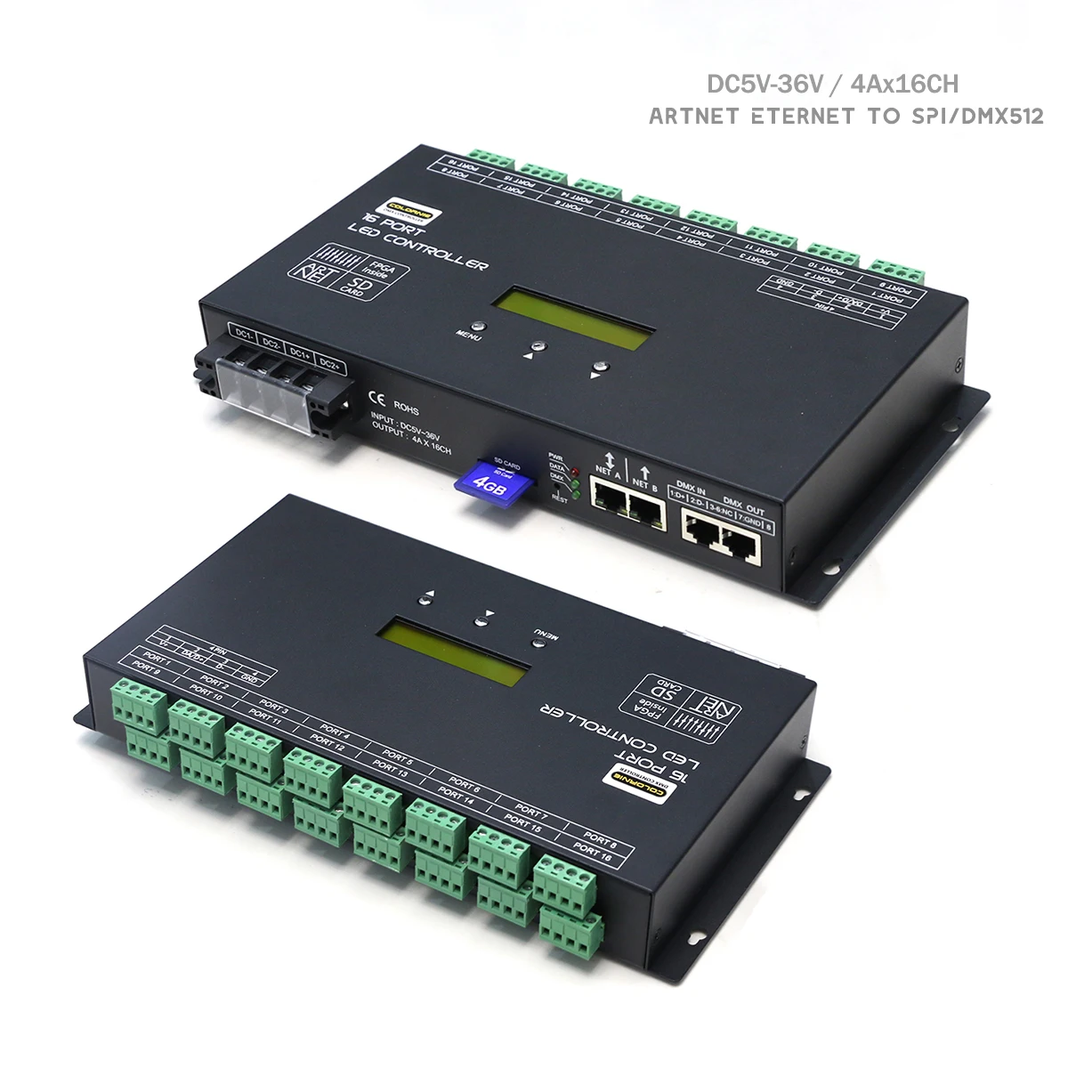 Artnet 16Port Controller DC5V-36V Resolume/M5 to SPI /DMX Pixel Light LED Controller 96 Universe Console Offline SD Player