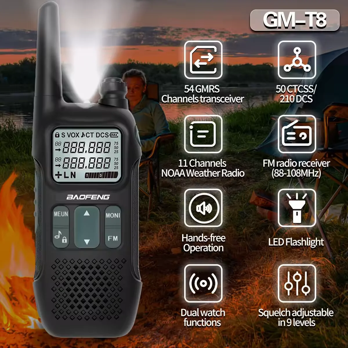 Baofeng GM-T8 Walkie Talkie GMRS Radio NOAA Typ-C Latarka LED VOX Zestaw Głośnomówiący Przenośne Radio Dwukierunkowe na Kemping i Polowanie