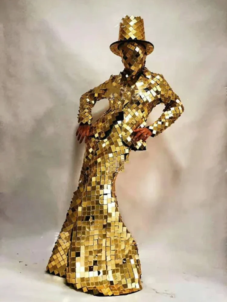 الذهب مرآة فستان الزجاج دعوى الرجال النساء زي عاكس DJ بار عرض الملابس المستقبل الفضاء حفل زفاف المرحلة تأثيري حلي